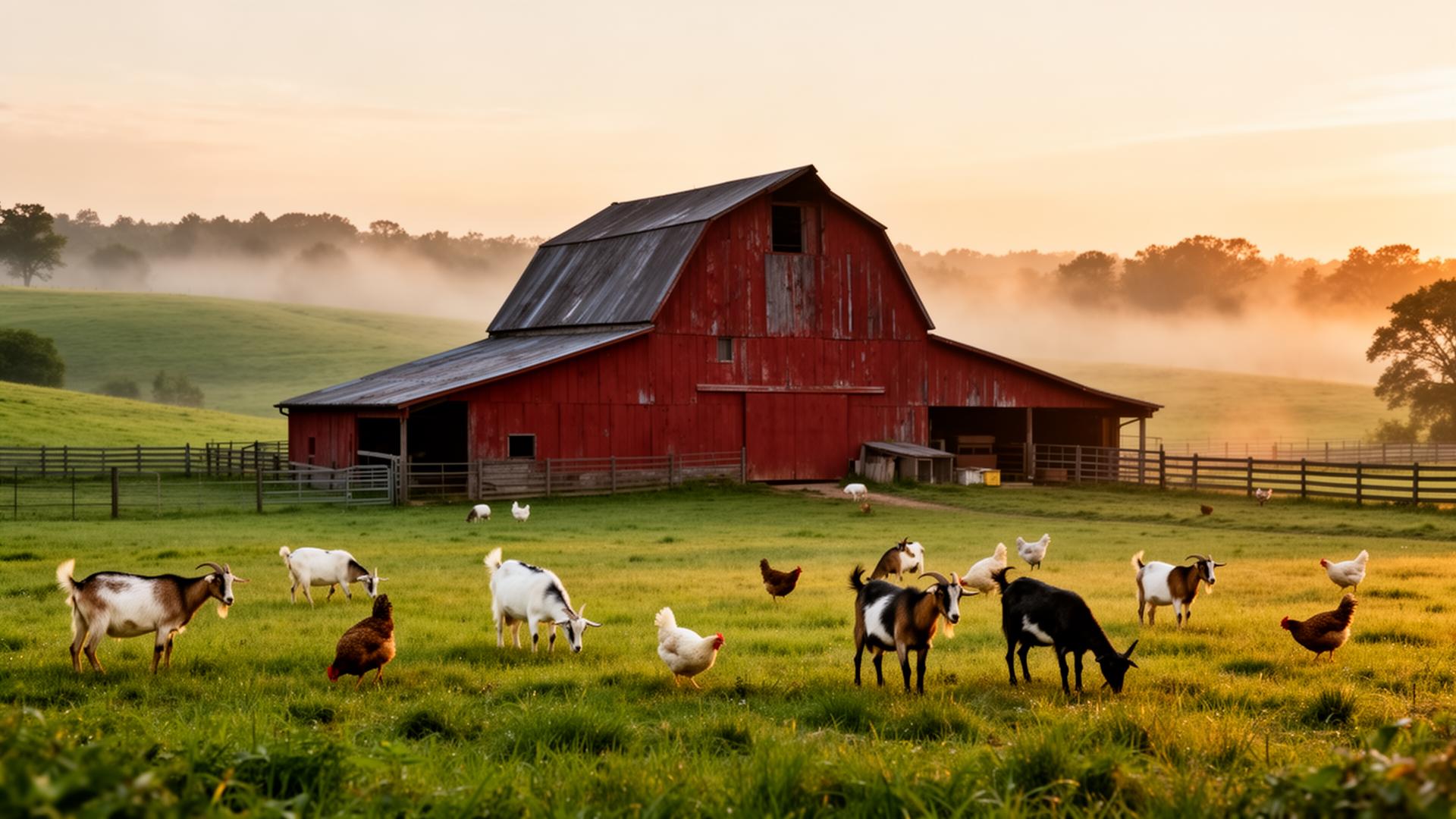 Red barn at golden hour with grazing rescued animals