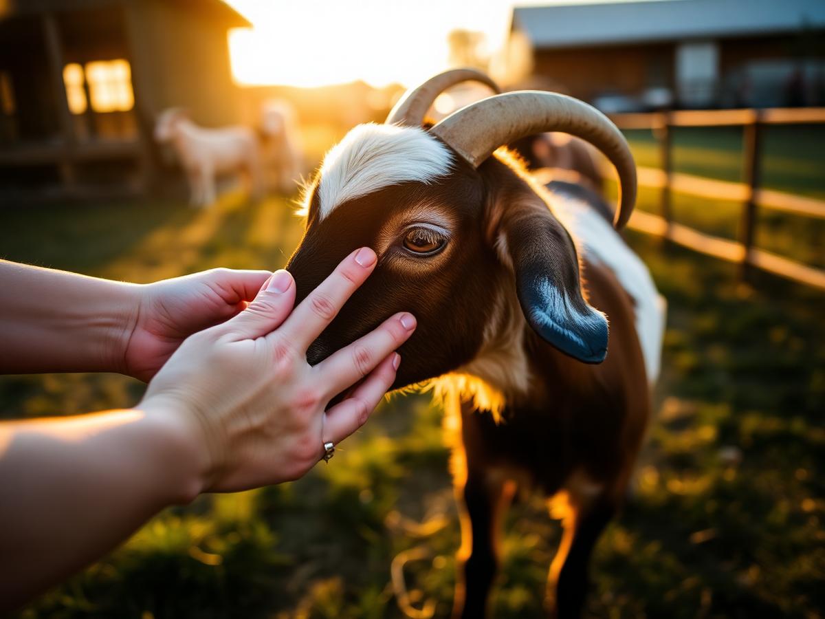 A hand gently resting on a rescued goat